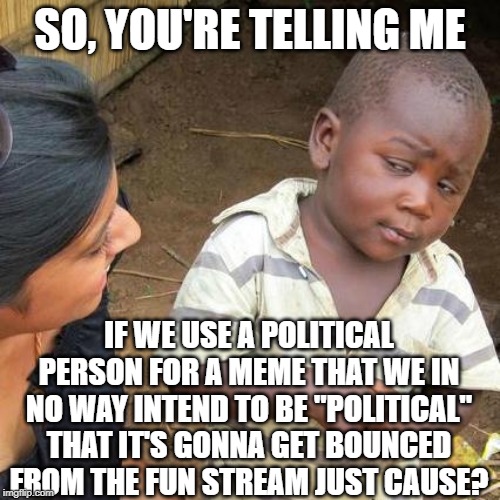Need to Work On This | SO, YOU'RE TELLING ME; IF WE USE A POLITICAL PERSON FOR A MEME THAT WE IN NO WAY INTEND TO BE "POLITICAL" THAT IT'S GONNA GET BOUNCED FROM THE FUN STREAM JUST CAUSE? | image tagged in memes,third world skeptical kid | made w/ Imgflip meme maker