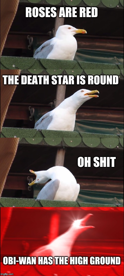 Inhaling Seagull Meme | ROSES ARE RED; THE DEATH STAR IS ROUND; OH SHIT; OBI-WAN HAS THE HIGH GROUND | image tagged in memes,inhaling seagull | made w/ Imgflip meme maker