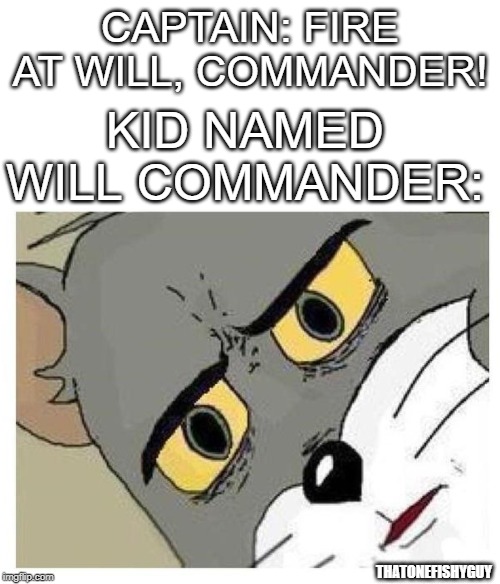 Will Commander | CAPTAIN: FIRE AT WILL, COMMANDER! KID NAMED WILL COMMANDER:; THATONEFISHYGUY | image tagged in unsettled tom | made w/ Imgflip meme maker