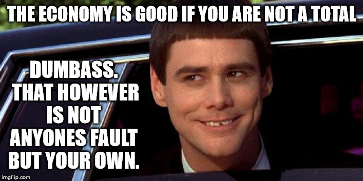 dumb and dumber | THE ECONOMY IS GOOD IF YOU ARE NOT A TOTAL DUMBASS.  THAT HOWEVER IS NOT ANYONES FAULT BUT YOUR OWN. | image tagged in dumb and dumber | made w/ Imgflip meme maker