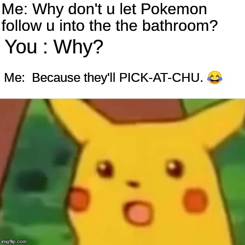 Surprised Pikachu | Me: Why don't u let Pokemon follow u into the the bathroom? You : Why? Me:  Because they'll PICK-AT-CHU. 😂 | image tagged in memes,surprised pikachu | made w/ Imgflip meme maker