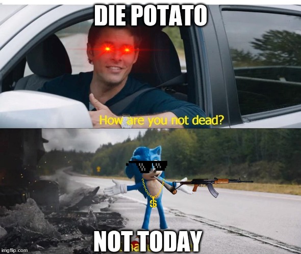 sonic how are you not dead | DIE POTATO; NOT TODAY | image tagged in sonic how are you not dead | made w/ Imgflip meme maker