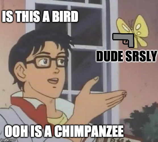 Is This A Pigeon | IS THIS A BIRD; DUDE SRSLY; OOH IS A CHIMPANZEE | image tagged in memes,is this a pigeon | made w/ Imgflip meme maker