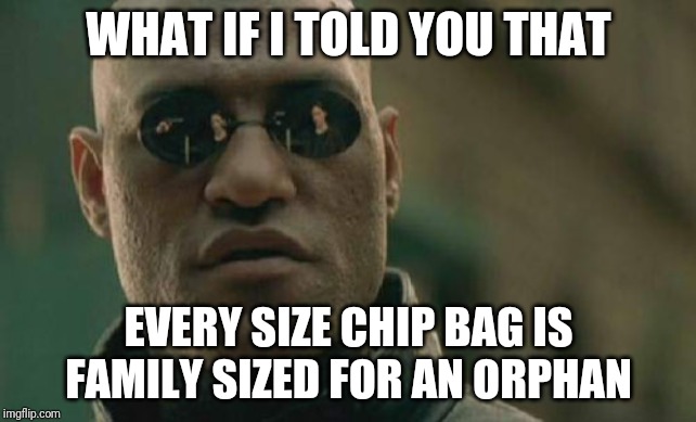 Matrix Morpheus Meme | WHAT IF I TOLD YOU THAT; EVERY SIZE CHIP BAG IS FAMILY SIZED FOR AN ORPHAN | image tagged in memes,matrix morpheus | made w/ Imgflip meme maker