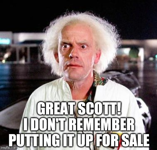 Doc Brown | GREAT SCOTT!
I DON'T REMEMBER PUTTING IT UP FOR SALE | image tagged in doc brown | made w/ Imgflip meme maker