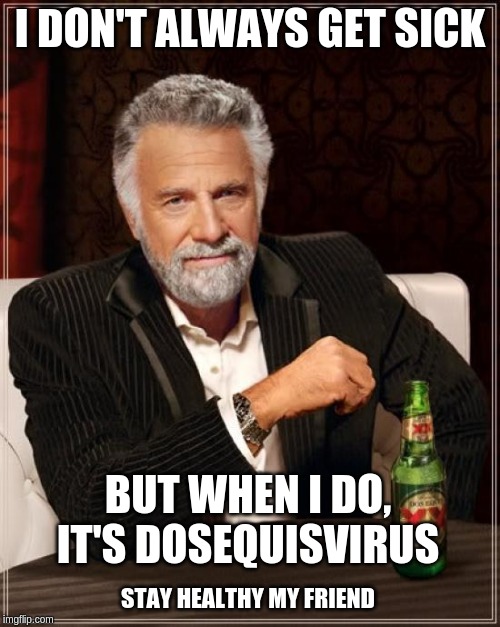 The Most Interesting Man In The World Meme | I DON'T ALWAYS GET SICK; BUT WHEN I DO, IT'S DOSEQUISVIRUS; STAY HEALTHY MY FRIEND | image tagged in memes,the most interesting man in the world | made w/ Imgflip meme maker