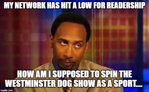 ESPN GUY | MY NETWORK HAS HIT A LOW FOR READERSHIP; HOW AM I SUPPOSED TO SPIN THE WESTMINSTER DOG SHOW AS A SPORT.... | image tagged in espn guy | made w/ Imgflip meme maker