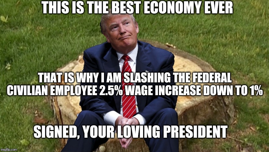 Trump on a stump | THIS IS THE BEST ECONOMY EVER; THAT IS WHY I AM SLASHING THE FEDERAL CIVILIAN EMPLOYEE 2.5% WAGE INCREASE DOWN TO 1%; SIGNED, YOUR LOVING PRESIDENT | image tagged in trump on a stump | made w/ Imgflip meme maker