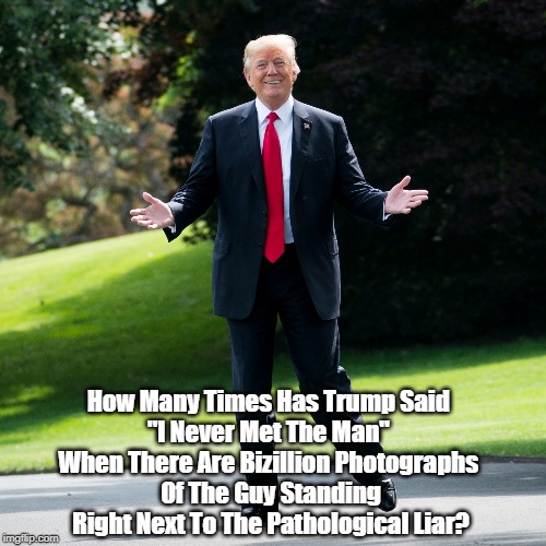 "Trump Lies... And His Cultists Slurp The Sludge" | How Many Times Has Trump Said 
"I Never Met The Man" 
When There Are Bizillion Photographs 
Of The Guy Standing Right Next To The Pathological Liar? | image tagged in dishonest donald,trump lies more easily than he metabolizes,politifact determined that only one percent of trumps statements are | made w/ Imgflip meme maker