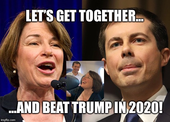 Let’s Get Together | LET’S GET TOGETHER... ...AND BEAT TRUMP IN 2020! | image tagged in klobuchar and buttigieg,lets get together,memes,beat trump,election 2020 | made w/ Imgflip meme maker