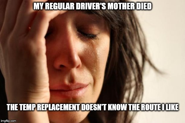 First World Problems Meme | MY REGULAR DRIVER'S MOTHER DIED; THE TEMP REPLACEMENT DOESN'T KNOW THE ROUTE I LIKE | image tagged in memes,first world problems | made w/ Imgflip meme maker