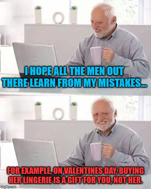 Hide the Pain Harold Meme | I HOPE ALL THE MEN OUT THERE LEARN FROM MY MISTAKES... FOR EXAMPLE, ON VALENTINES DAY, BUYING HER LINGERIE IS A GIFT FOR YOU, NOT HER. | image tagged in memes,hide the pain harold | made w/ Imgflip meme maker