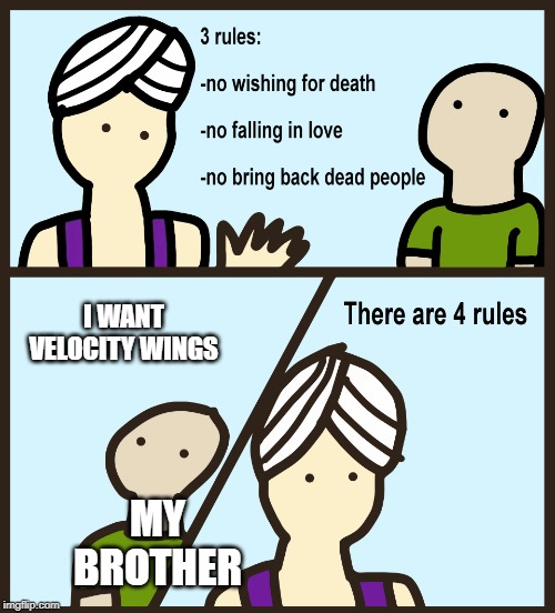 There are 4 rules | I WANT VELOCITY WINGS; MY BROTHER | image tagged in there are 4 rules | made w/ Imgflip meme maker