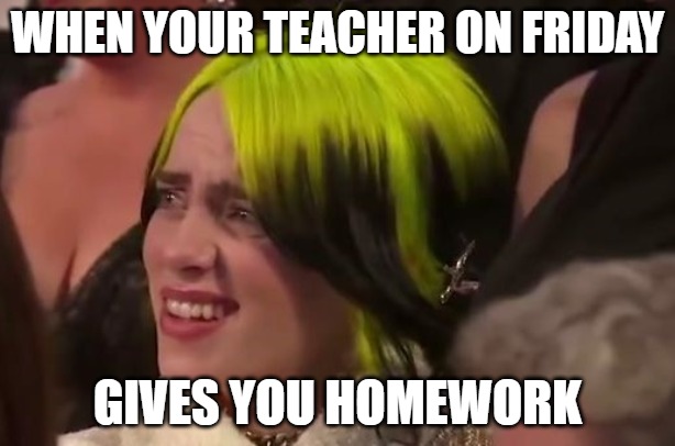 WHEN YOUR TEACHER ON FRIDAY; GIVES YOU HOMEWORK | image tagged in billie eilish,homework,school | made w/ Imgflip meme maker