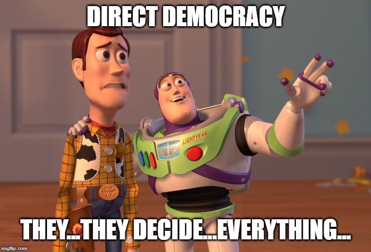 X, X Everywhere | DIRECT DEMOCRACY; THEY...THEY DECIDE...EVERYTHING... | image tagged in memes,x x everywhere | made w/ Imgflip meme maker