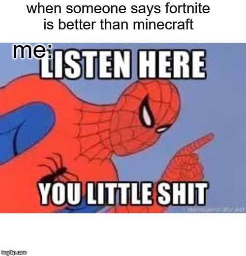 NOW LISTEN HERE YOU LITTLE SHIT | when someone says fortnite is better than minecraft; me: | image tagged in now listen here you little shit | made w/ Imgflip meme maker