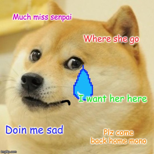 Doge | Much miss senpai; Where she go; I want her here; Doin me sad; Plz come back home mono | image tagged in memes,doge | made w/ Imgflip meme maker
