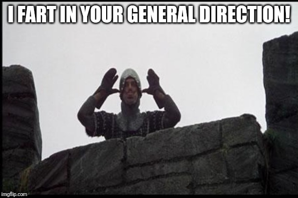 French Taunting in Monty Python's Holy Grail | I FART IN YOUR GENERAL DIRECTION! | image tagged in french taunting in monty python's holy grail | made w/ Imgflip meme maker