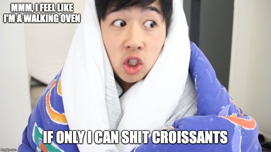 Mychonny Covered in Blankets | MMM, I FEEL LIKE I'M A WALKING OVEN; IF ONLY I CAN SHIT CROISSANTS | image tagged in mychonny,blanket,memes,youtube | made w/ Imgflip meme maker