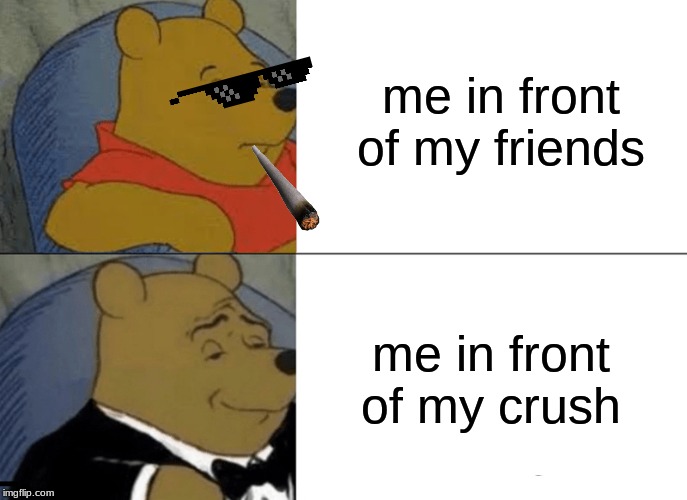 Tuxedo Winnie The Pooh Meme | me in front of my friends; me in front of my crush | image tagged in memes,tuxedo winnie the pooh | made w/ Imgflip meme maker