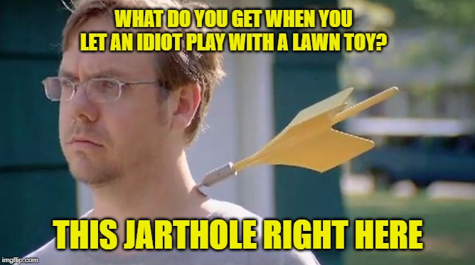 Jarthole | WHAT DO YOU GET WHEN YOU LET AN IDIOT PLAY WITH A LAWN TOY? THIS JARTHOLE RIGHT HERE | image tagged in jarts,lawn darts,idiot,idiots with toys,yard darts,jarthole | made w/ Imgflip meme maker