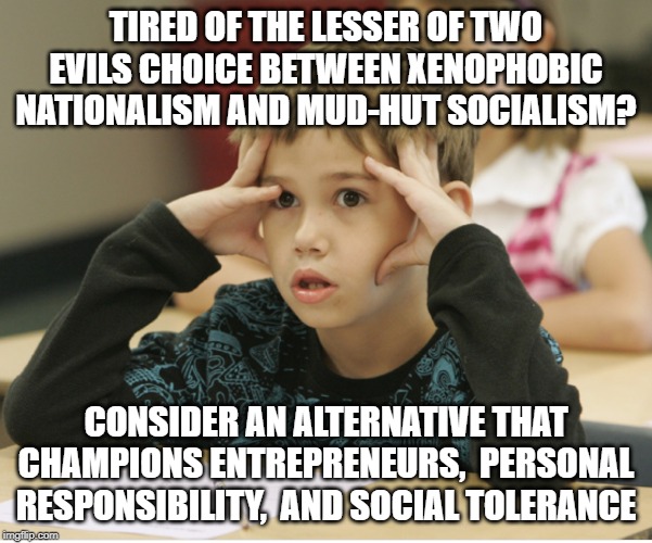 http://educational-alternatives.net/welcome/wp-content/uploads/2 | TIRED OF THE LESSER OF TWO EVILS CHOICE BETWEEN XENOPHOBIC NATIONALISM AND MUD-HUT SOCIALISM? CONSIDER AN ALTERNATIVE THAT CHAMPIONS ENTREPRENEURS,  PERSONAL RESPONSIBILITY,  AND SOCIAL TOLERANCE | image tagged in http//educational-alternativesnet/welcome/wp-content/uploads/2 | made w/ Imgflip meme maker