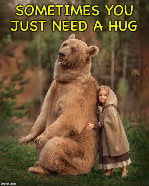 Bear hug | SOMETIMES YOU JUST NEED A HUG | image tagged in girl,hugs,bear,bear hugs,feel good,memes | made w/ Imgflip meme maker