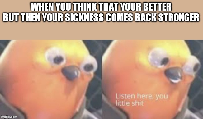 Listen here you little shit bird | WHEN YOU THINK THAT YOUR BETTER BUT THEN YOUR SICKNESS COMES BACK STRONGER | image tagged in listen here you little shit bird,memes | made w/ Imgflip meme maker