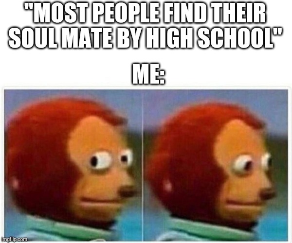 Monkey Puppet Meme | "MOST PEOPLE FIND THEIR SOUL MATE BY HIGH SCHOOL"; ME: | image tagged in monkey puppet | made w/ Imgflip meme maker