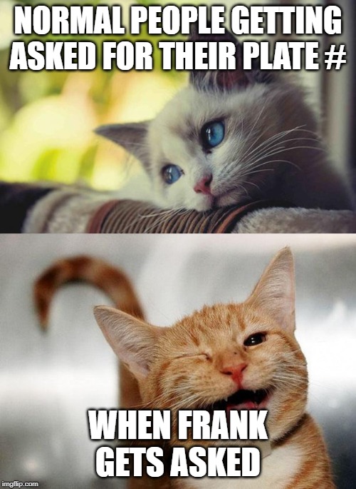 Sad Happy Cat | NORMAL PEOPLE GETTING ASKED FOR THEIR PLATE #; WHEN FRANK GETS ASKED | image tagged in sad happy cat | made w/ Imgflip meme maker