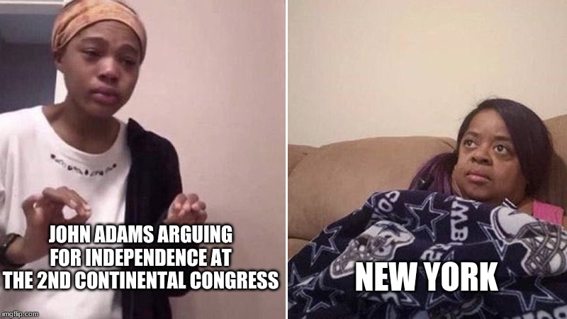 Me explaining to my mom | NEW YORK; JOHN ADAMS ARGUING FOR INDEPENDENCE AT THE 2ND CONTINENTAL CONGRESS | image tagged in me explaining to my mom | made w/ Imgflip meme maker