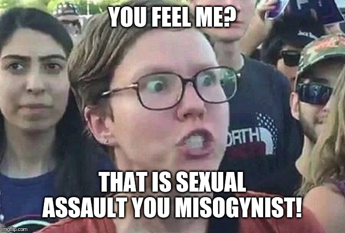 Triggered Liberal | YOU FEEL ME? THAT IS SEXUAL ASSAULT YOU MISOGYNIST! | image tagged in triggered liberal | made w/ Imgflip meme maker