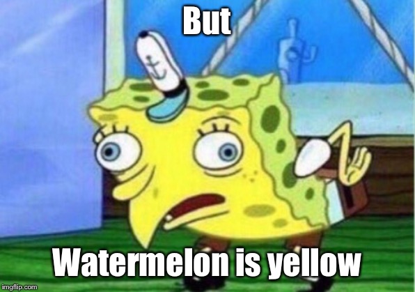 But Watermelon is yellow | image tagged in memes,mocking spongebob | made w/ Imgflip meme maker