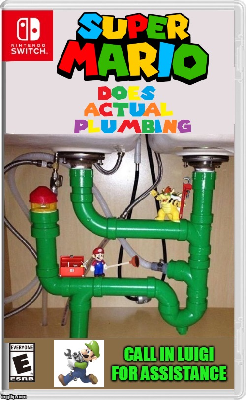 MARIO AND BOWSER PLUMBERS | CALL IN LUIGI FOR ASSISTANCE | image tagged in super mario,bowser,plumbing,luigi,nintendo switch,fake switch games | made w/ Imgflip meme maker