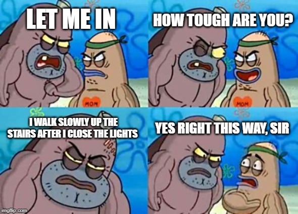 How Tough Are You Meme | HOW TOUGH ARE YOU? LET ME IN; I WALK SLOWLY UP THE STAIRS AFTER I CLOSE THE LIGHTS; YES RIGHT THIS WAY, SIR | image tagged in memes,how tough are you | made w/ Imgflip meme maker