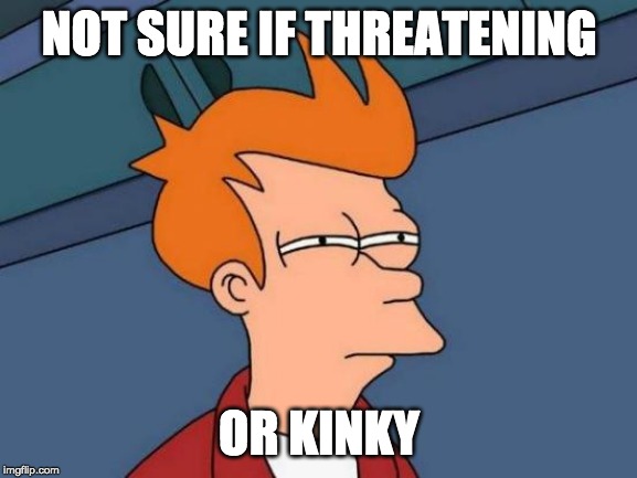Futurama Fry | NOT SURE IF THREATENING; OR KINKY | image tagged in memes,futurama fry | made w/ Imgflip meme maker