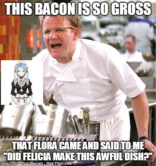 Chef Gordon Ramsay | THIS BACON IS SO GROSS; THAT FLORA CAME AND SAID TO ME "DID FELICIA MAKE THIS AWFUL DISH?" | image tagged in memes,chef gordon ramsay | made w/ Imgflip meme maker