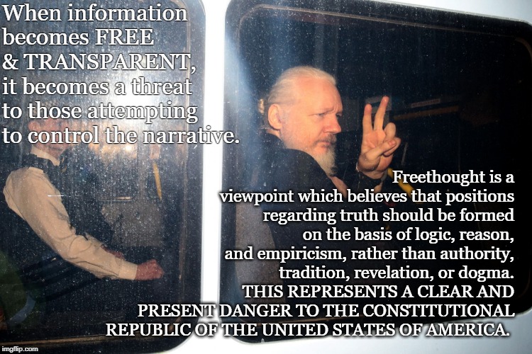 assange | When information becomes FREE & TRANSPARENT,
it becomes a threat 
to those attempting 
to control the narrative. Freethought is a viewpoint which believes that positions regarding truth should be formed on the basis of logic, reason, and empiricism, rather than authority, tradition, revelation, or dogma.
THIS REPRESENTS A CLEAR AND PRESENT DANGER TO THE CONSTITUTIONAL REPUBLIC OF THE UNITED STATES OF AMERICA. | image tagged in assange | made w/ Imgflip meme maker