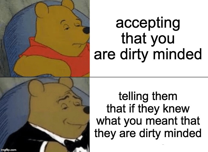 Tuxedo Winnie The Pooh Meme | accepting that you are dirty minded telling them that if they knew what you meant that they are dirty minded | image tagged in memes,tuxedo winnie the pooh | made w/ Imgflip meme maker
