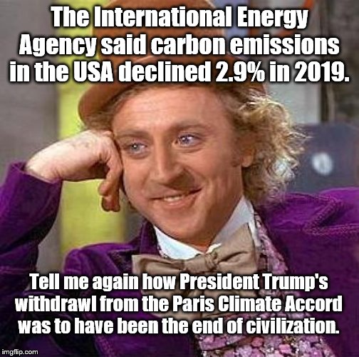 Yep. | The International Energy Agency said carbon emissions in the USA declined 2.9% in 2019. Tell me again how President Trump's withdrawl from the Paris Climate Accord was to have been the end of civilization. | image tagged in creepy condescending wonka,climate change,paris climate deal | made w/ Imgflip meme maker
