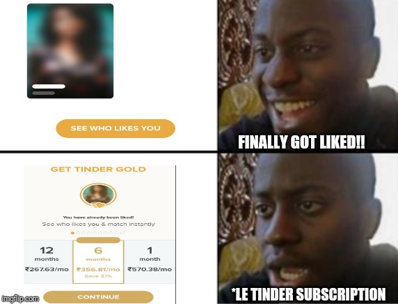 Oh yeah! Oh no... | FINALLY GOT LIKED!! *LE TINDER SUBSCRIPTION | image tagged in oh yeah oh no | made w/ Imgflip meme maker