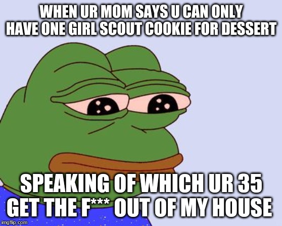 Pepe the Frog | WHEN UR MOM SAYS U CAN ONLY HAVE ONE GIRL SCOUT COOKIE FOR DESSERT; SPEAKING OF WHICH UR 35 GET THE F*** OUT OF MY HOUSE | image tagged in pepe the frog | made w/ Imgflip meme maker