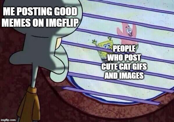 Way to take a fat shit in my effort | ME POSTING GOOD MEMES ON IMGFLIP; PEOPLE WHO POST CUTE CAT GIFS AND IMAGES | image tagged in squidward window,imgflip,memes | made w/ Imgflip meme maker