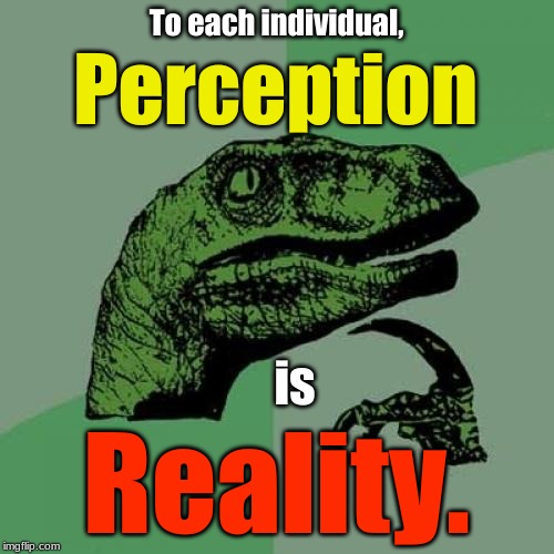 Philosoraptor |  To each individual, Perception; is; Reality. | image tagged in memes,philosoraptor,perception,reality | made w/ Imgflip meme maker