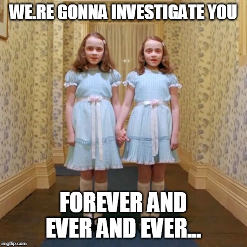 So why does Trump have a problem with this? | WE.RE GONNA INVESTIGATE YOU; FOREVER AND EVER AND EVER... | image tagged in twins from the shining | made w/ Imgflip meme maker