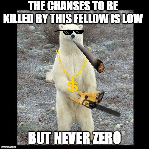 Chainsaw Bear Meme | THE CHANSES TO BE KILLED BY THIS FELLOW IS LOW; BUT NEVER ZERO | image tagged in memes,chainsaw bear | made w/ Imgflip meme maker