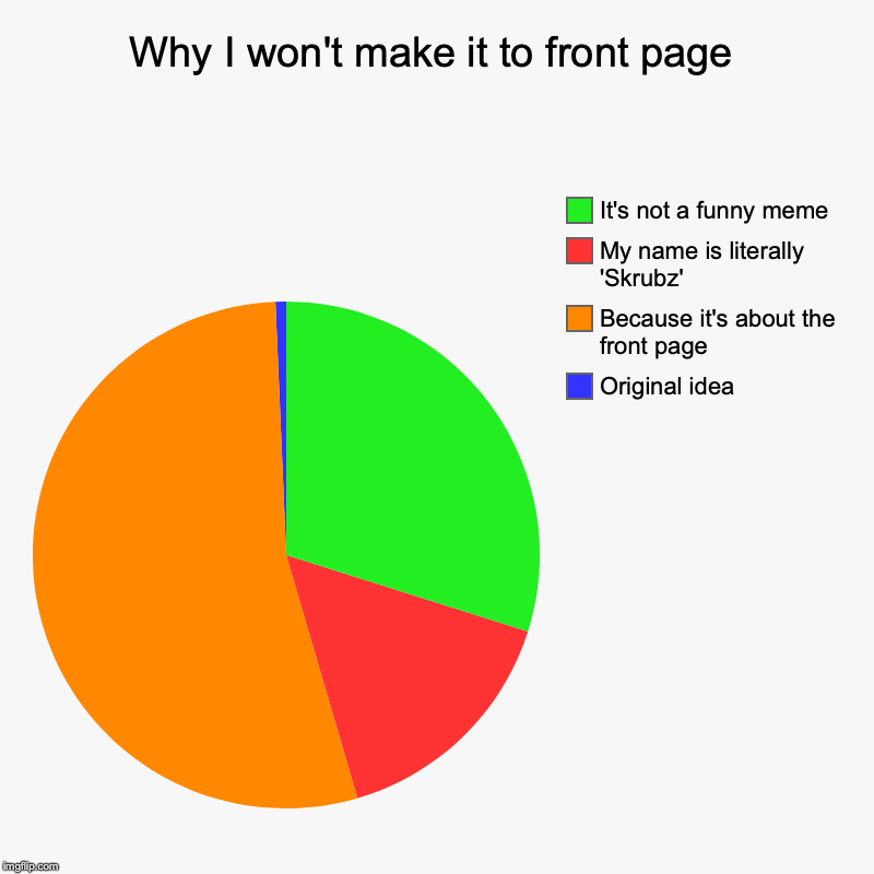 Why I won't make it to front page | Original idea, Because it's about the front page, My name is literally 'Skrubz', It's not a funny meme | image tagged in charts,pie charts | made w/ Imgflip chart maker