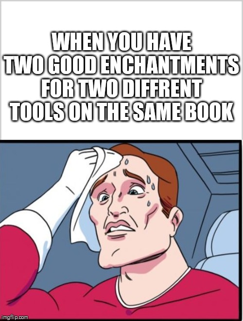 WHEN YOU HAVE TWO GOOD ENCHANTMENTS FOR TWO DIFFRENT TOOLS ON THE SAME BOOK | image tagged in minecraft | made w/ Imgflip meme maker