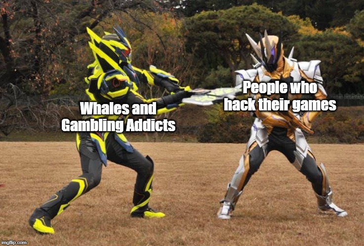 People who hack their games; Whales and Gambling Addicts | image tagged in corporate pissing match | made w/ Imgflip meme maker