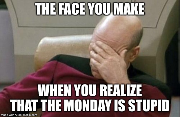 Captain Picard Facepalm Meme | THE FACE YOU MAKE; WHEN YOU REALIZE THAT THE MONDAY IS STUPID | image tagged in memes,captain picard facepalm | made w/ Imgflip meme maker